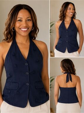 Anthropologie Maeve Navy Blue Lyocell+Linen Floral Halter Lined Vest Top Size M